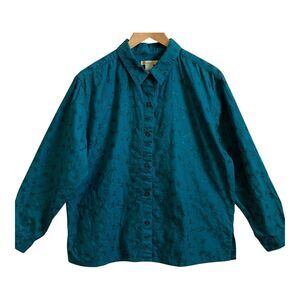 Bechamel Women Button Up Shirt Size LARGE Teal Embroidered Long Sleeve Cotton